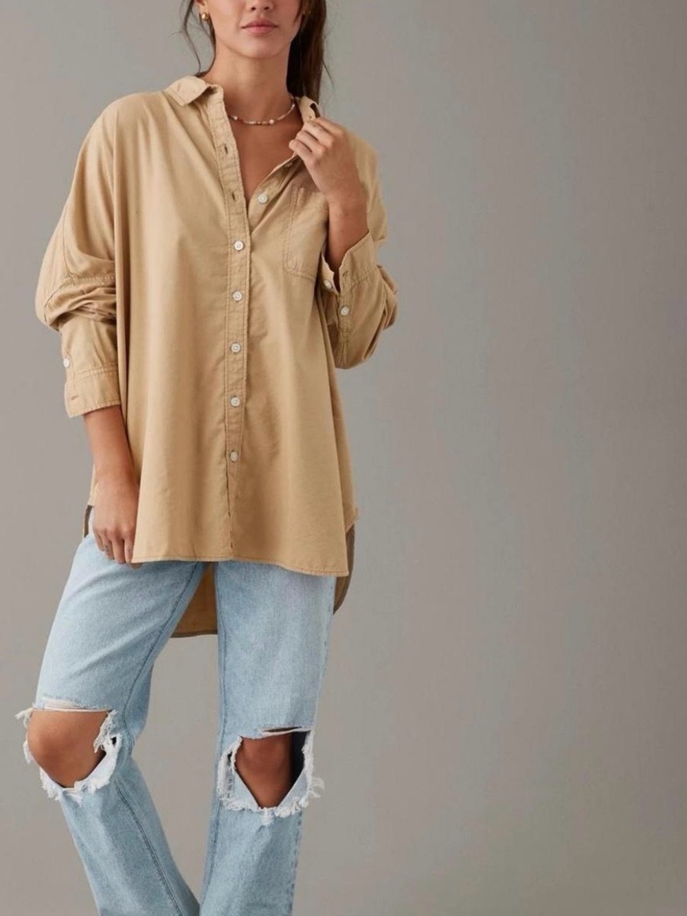 โก๏ธAmerican Eagle Oversized Button-Down Tunic Shirt in Camel